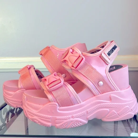 Anthony Wang pink platform wedge buckle sandals patent leather trim size 6.5 - Picture 4 of 13